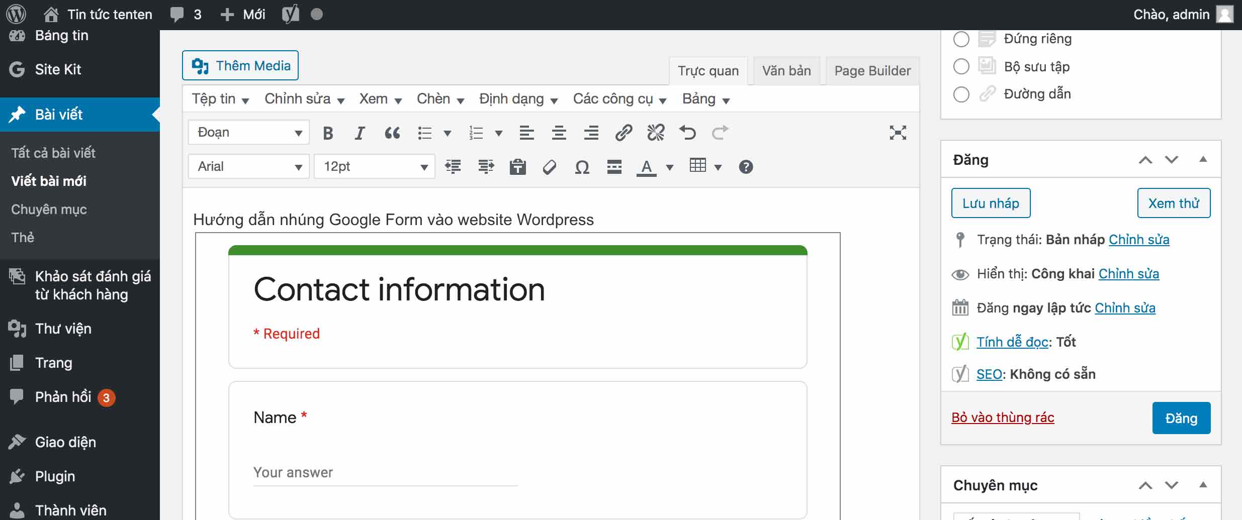 link nhung google form trong wordpress 4